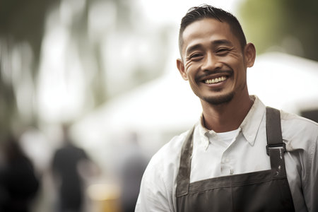 Portrait of a happy asian worker smiling at the camera outdoorsの素材