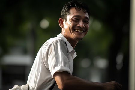 Portrait of a handsome asian man smiling and looking at cameraの素材