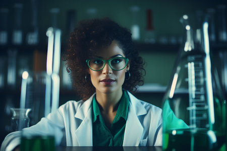 Portrait of a female scientist working in a laboratory. She is wearing a green coat and glasses.の素材