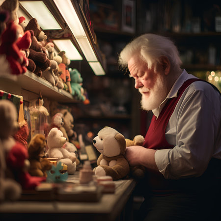 Old man in a shop with toys. Portrait of an old man in the store.の素材