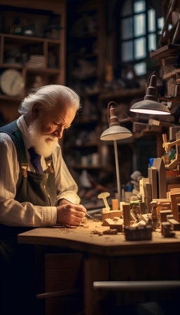 Senior craftsman working with wooden details in his workshop. Craftsman in his studio.の素材