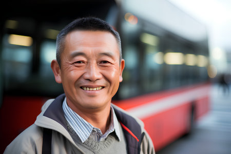 Portrait of happy asian senior man standing in front of trainの素材