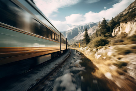 Train on the railway in the mountains. Motion blur effect. Long exposure.の素材
