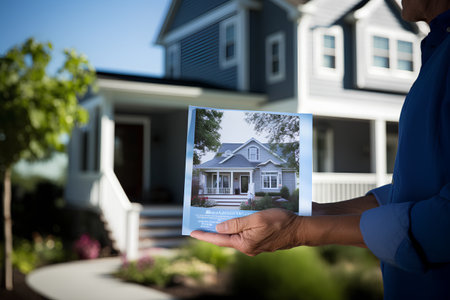 Mixed race man holding a house model in front of his houseの素材