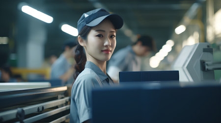 portrait of beautiful asian woman working with computer at factory.の素材