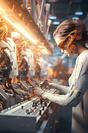 3d rendering of a female robot working in a robot's factoryの素材
