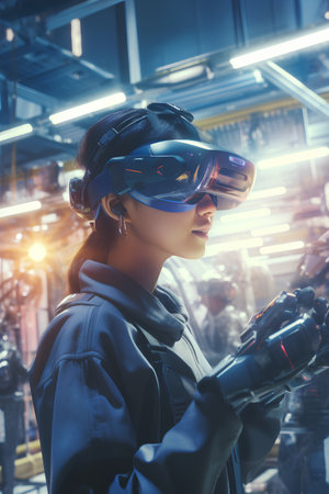 Portrait of a female robot wearing virtual reality glasses. Futuristic technology concept.の素材