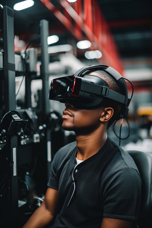 african american man in virtual reality headset looking away in warehouseの素材