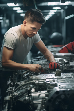 auto mechanic working in auto repair service. Handsome young Caucasian man repairing car engine.の素材