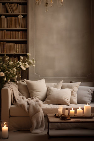 Cozy living room interior with armchair, bookshelf and candlesの素材