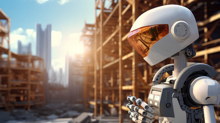 3d rendering humanoid robot with headlight on construction site background.の素材