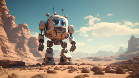 robot in the desert. 3d illustration. retro style.の素材