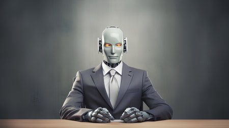 Robot businessman sitting at table with empty space on the wall backgroundの素材