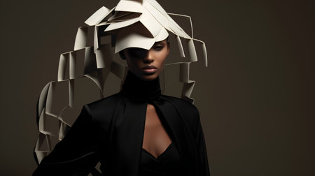 Fashion portrait of a beautiful woman in a black coat and a mask.の素材