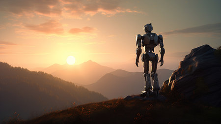 3d render of a robot standing on a mountain top at sunsetの素材