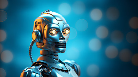 3d rendering humanoid robot on abstract background with bokeh effectの素材