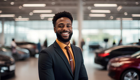 Handsome african american man standing in car showroom and smilingの素材