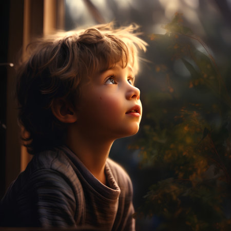 Portrait of a cute little boy looking out the window at sunsetの素材