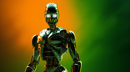 Cyborg with green background. 3D illustration. 3d rendering.の素材