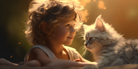 Cute little girl playing with cat on the bed at sunset.の素材
