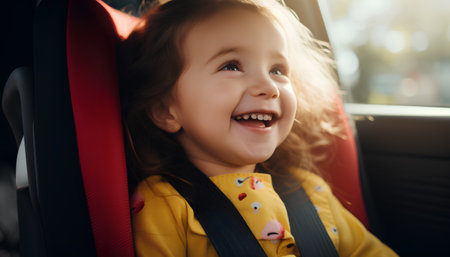 happy little girl sitting in car seat and laughing. child safety conceptの素材