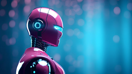 3d rendering of robot or cyborg on blue background with copy spaceの素材