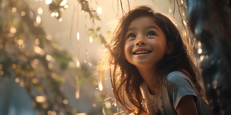 Portrait of cute little asian girl with long hair in sunlightの素材