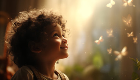 Cute little girl looking at butterfly in the window, backlitの素材