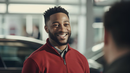 Portrait of a happy young african american man smiling and looking at the camera in a gymの素材
