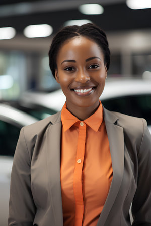 portrait of smiling african american businesswoman in car showroomの素材