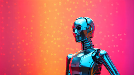 Robot cyborg isolated on colorful background. 3d illustration.の素材