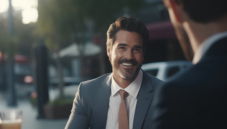 Handsome mature businessman is talking to his colleague and smiling while standing in cafe outdoorsの素材