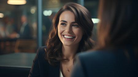 Portrait of happy businesswoman talking with colleague in office. Focus on womanの素材