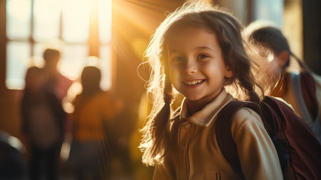 Portrait of smiling little girl looking at camera while standing in corridor at schoolの素材
