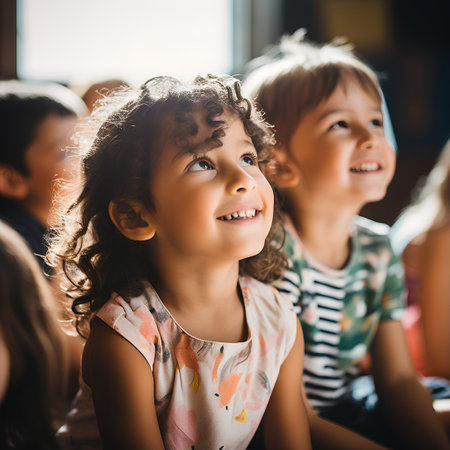 Cute little girl looking up and smiling while sitting with her friends at homeの素材