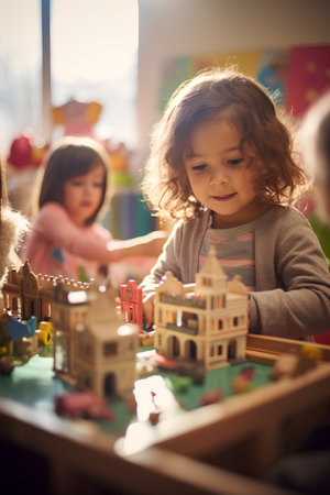 Cute little kid girl playing with educational toys in kindergarten. Happy child having fun with building a house.の素材
