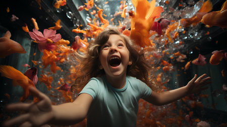 Surprised little girl in aquarium with colorful fish. Studio shotの素材