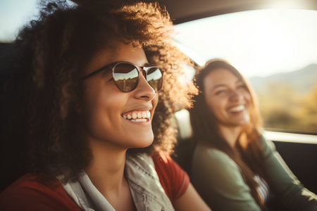 Portrait of a happy young woman driving a car with her friendの素材