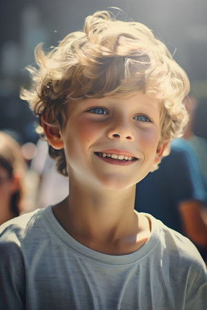 Portrait of a smiling boy in a summer park. Close-up.の素材