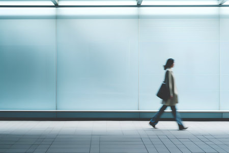 Blurred image of a businesswoman walking in the lobby of a modern office buildingの素材