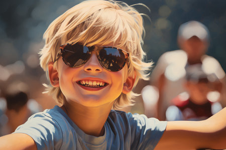 Portrait of a boy with sunglasses on the background of the summer park.の素材