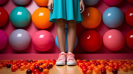 Legs of a girl in a blue dress on a background of colored Easter eggsの素材