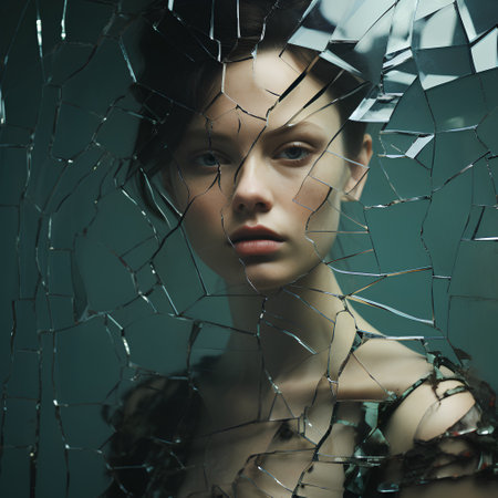 Beautiful young woman in broken glass. Portrait of sensual girl.の素材