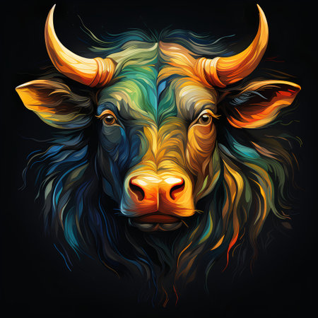 Bull head with horns. Colorful vector illustration on black background.の素材