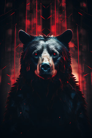 Black bear on a dark background with red neon lines. 3D illustration.の素材