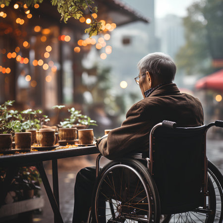 Elderly man in a wheelchair on the terrace of a restaurantの素材
