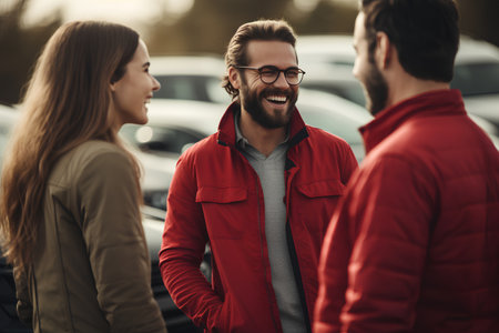 Young couple is talking and smiling while standing in the parking lot.の素材