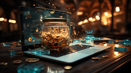 Glass jar with golden coins on the laptop screen. 3d renderingの素材