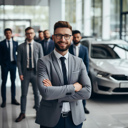 Handsome young man in eyeglasses is standing with crossed arms and smiling while standing with his colleagues in car showroomの素材