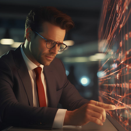 Handsome businessman in eyeglasses and suit working on computer at nightの素材